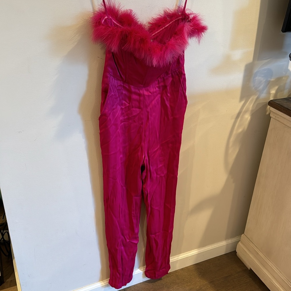 SAYLOR Raya Faux Feather-Trimmed Satin Jumpsuit small - Picture 5 of 12